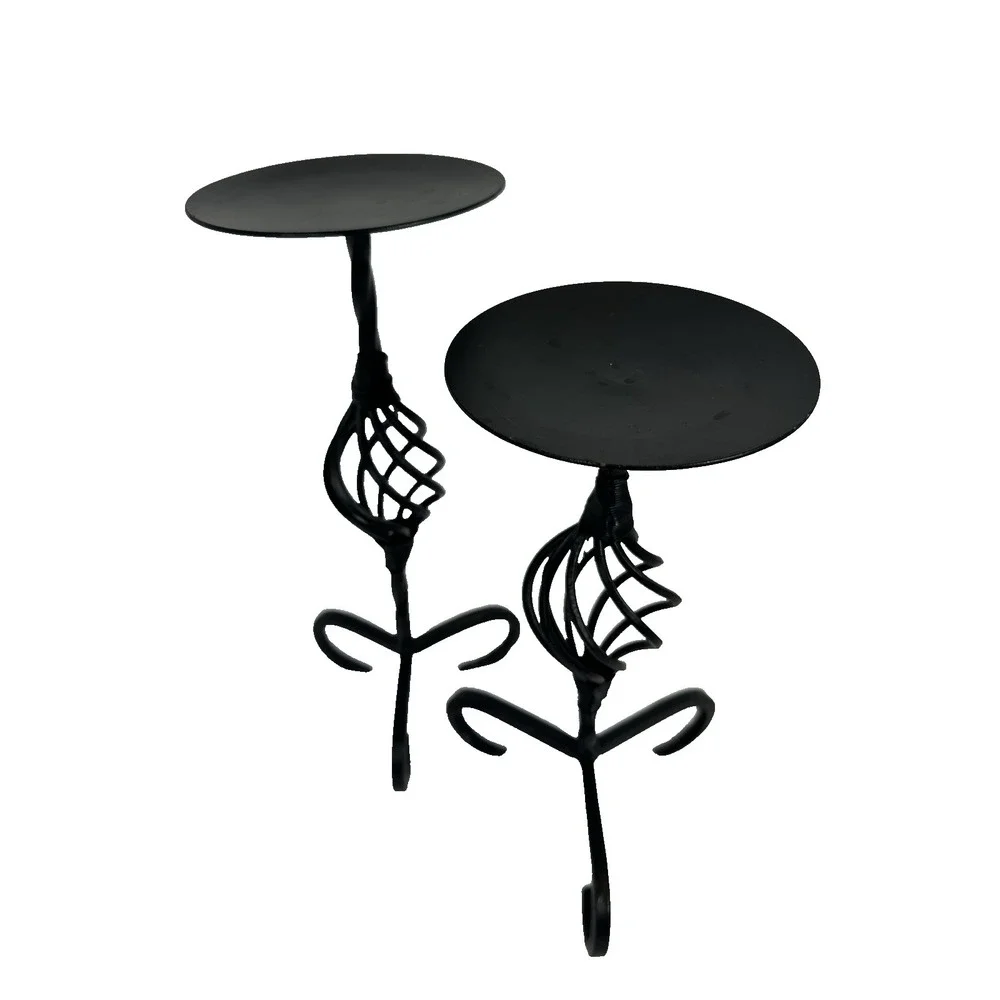 Wrought Iron Candle Holder Set 2 Pedestal Stands Twisted Metal Black